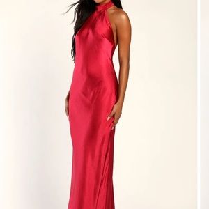 Lulus Red halter neck satin dress long